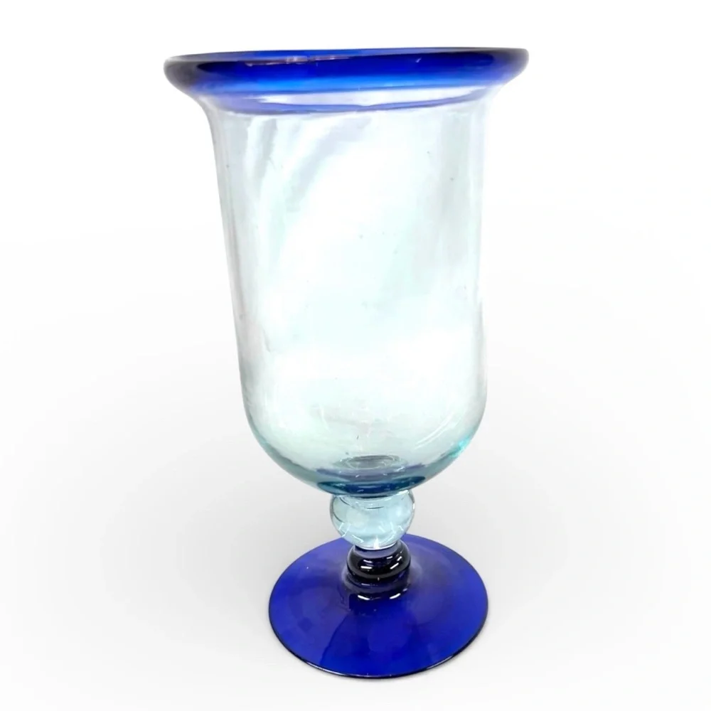 Vintage Cobalt Blue Rim Glass Goblets Set of 2 Hand Blown Glass Elegant Barware